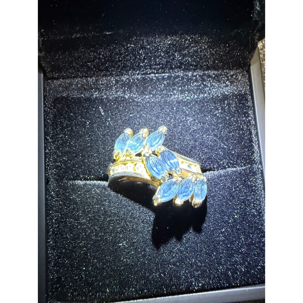 14k electroplated Marquise Blue Gemstone Cocktail Ring Vintage‎ Taiwan Gold Tone